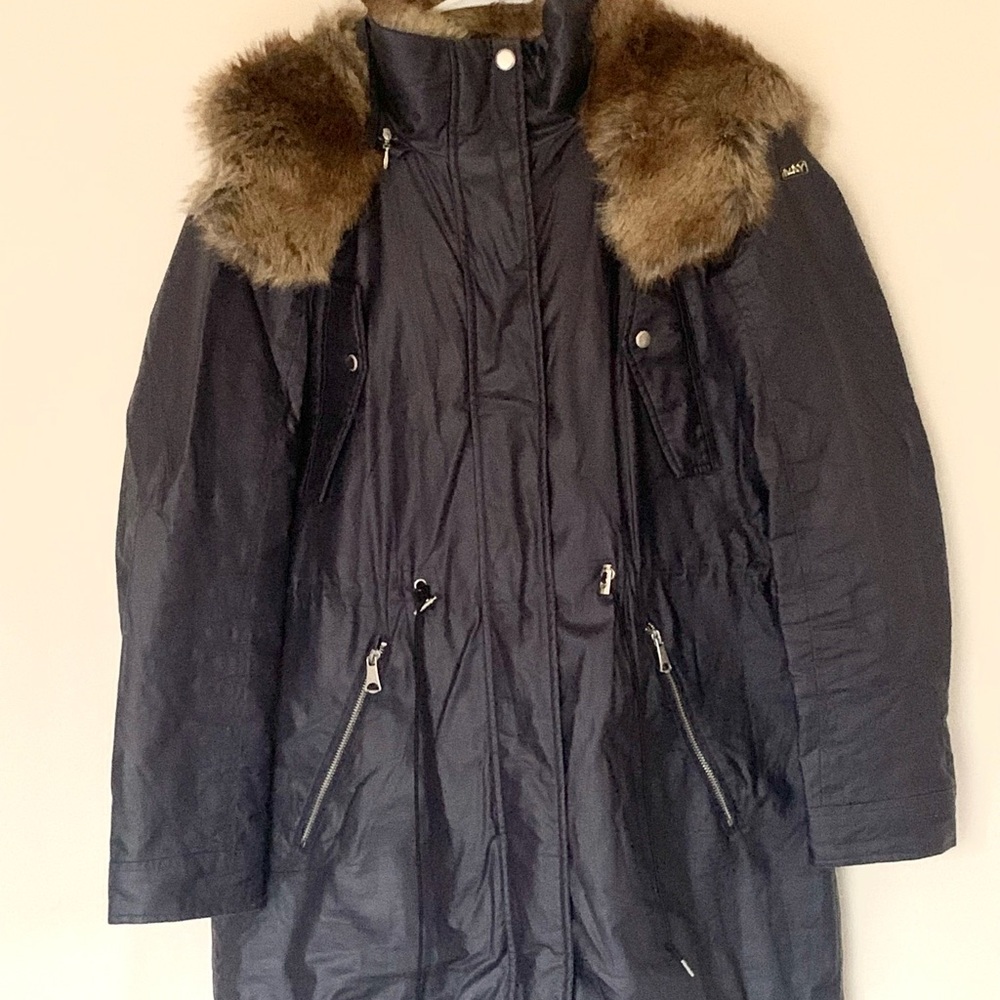 Marc New York Dark Blue Metallic Coat with Brown Faux Fur Lining